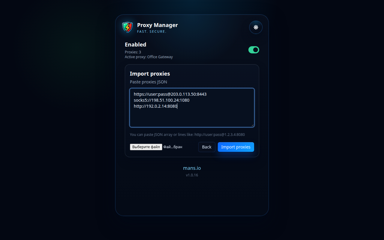 Màn hình nhập Trình quản lý proxy