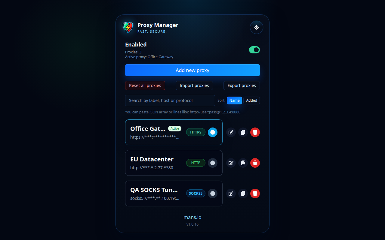 Danh sách hồ sơ Trình quản lý proxy